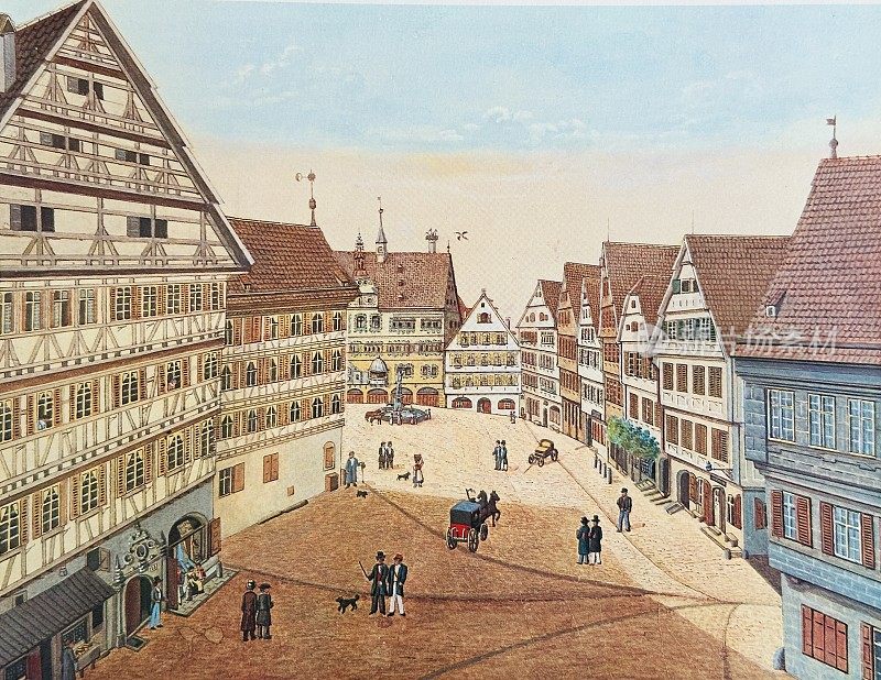 Tübingen market square with Kirchgasse, 1825